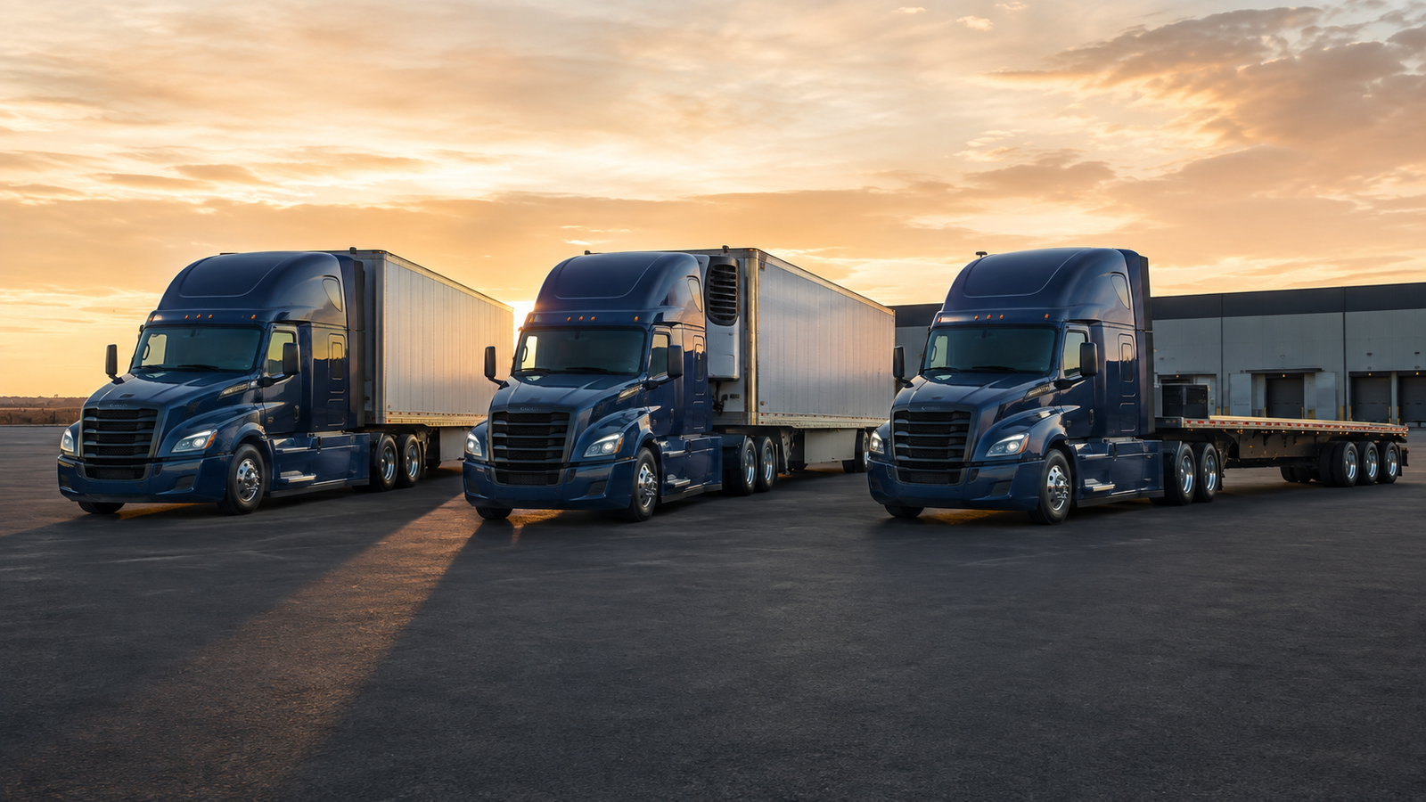 Three modern semi trucks in a logistics yard